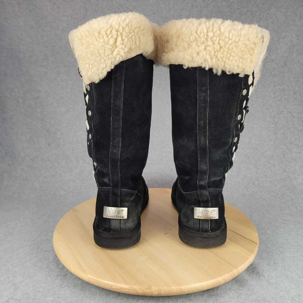 Ugg Upside 5163 Tall Lace Up Boot Women 9 Black Suede Shearling Lining